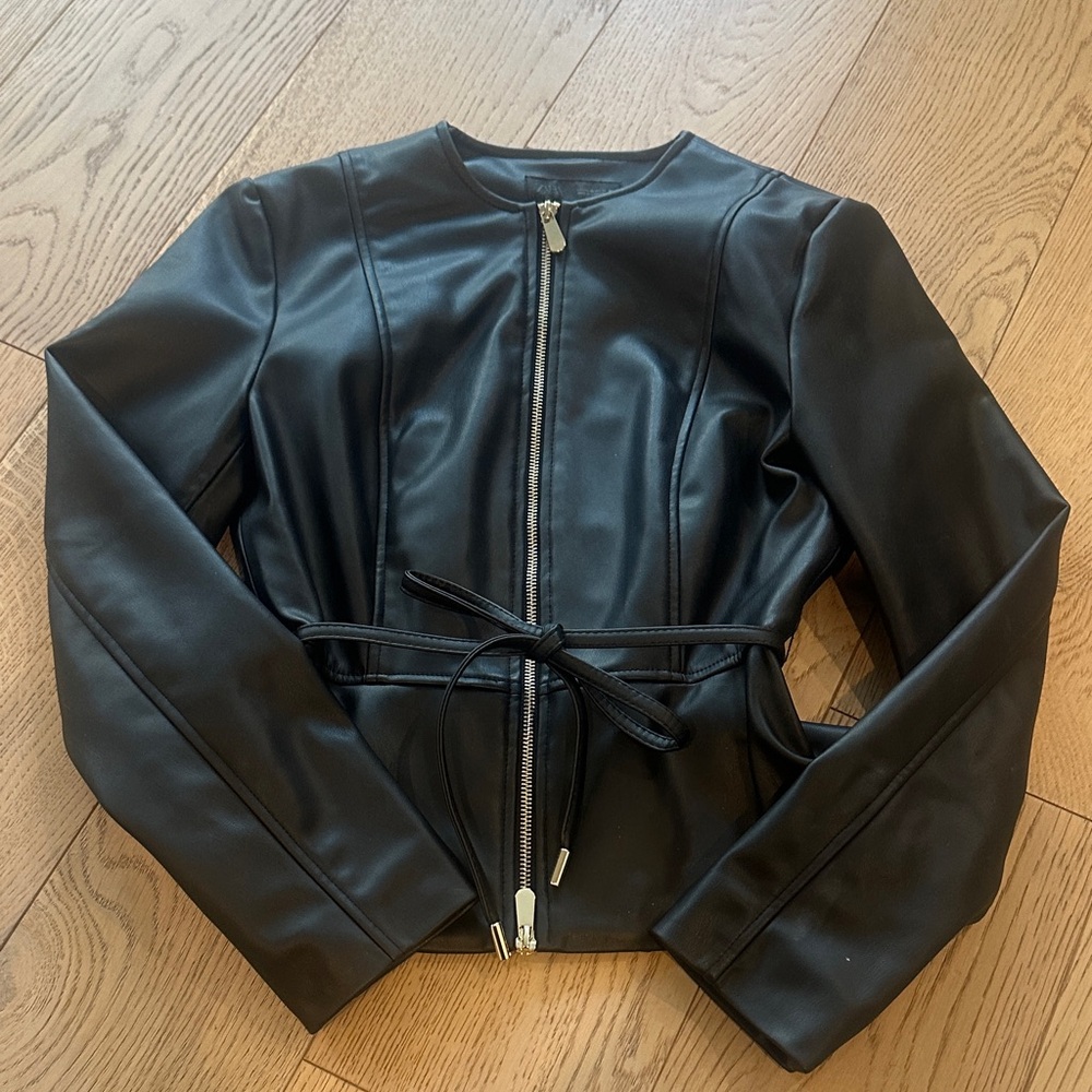 Zara Women's Black Faux Leather Zip Jacket with Tie Waist